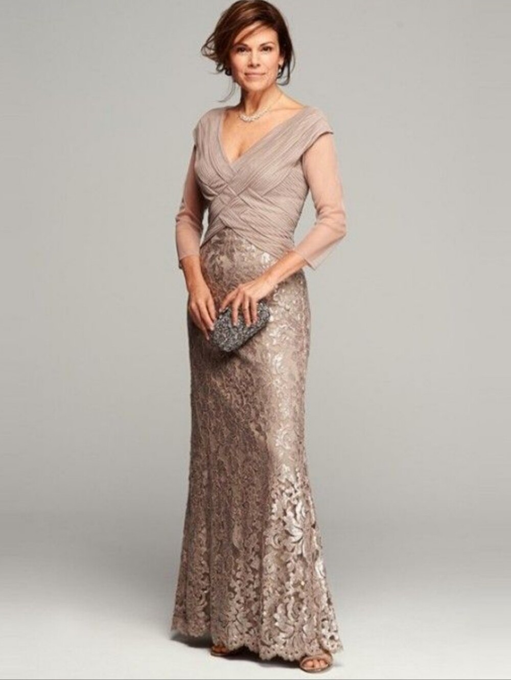 Tadashi Shoji Illusion Lace Metallic Sequin Mother Of The Bride Tan Maxi Gown